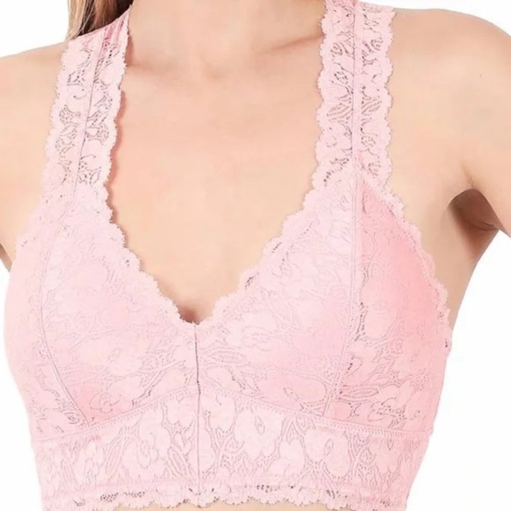 NEW Dusty Pink Stretch Lace Hourglass Back Full Mesh Lining Bralette